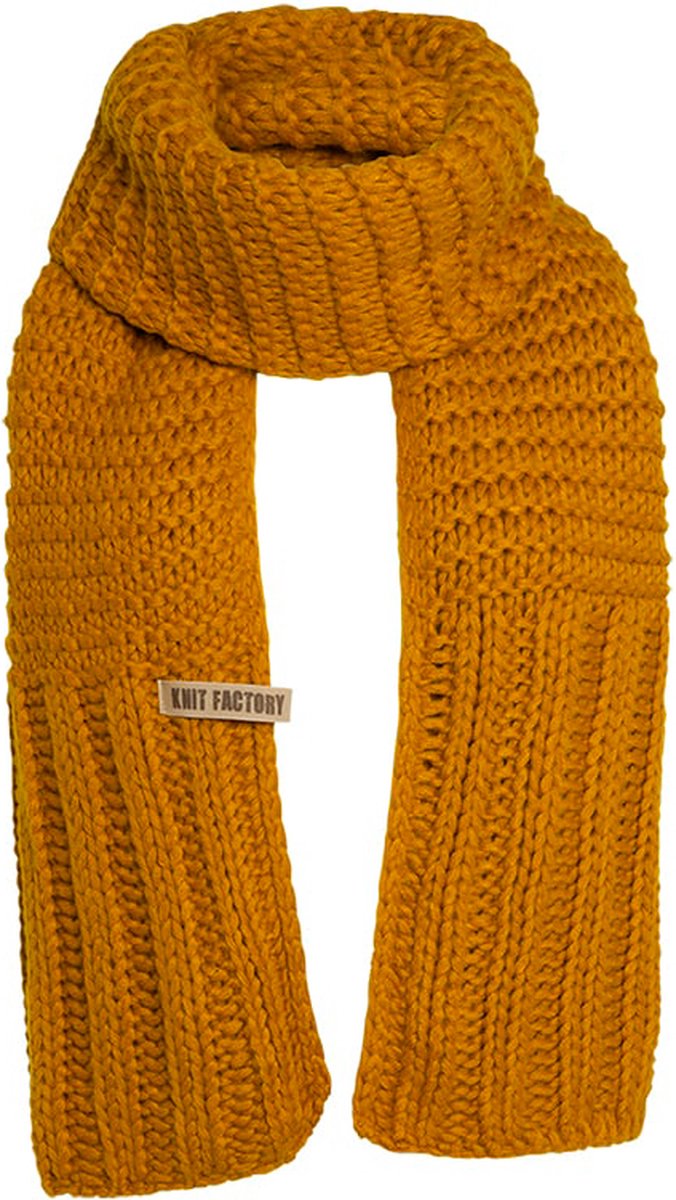 Knit Factory Alex Gebreide Sjaal Dames & Heren - Warme Wintersjaal - Grof gebreid - Langwerpige sjaal - Wollen sjaal - Heren sjaal - Dames sjaal - Unisex - Oker - Geel - 200x45 cm