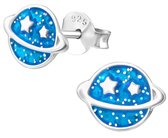 Joy|S - Zilveren planeet oorbellen - glitter blauw - 8 x 6 mm