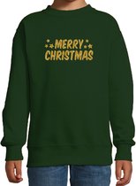 Merry Christmas Kerst sweater / trui - groen met gouden glitter bedrukking - kinderen - Kerst sweater / Kerst outfit 5-6 jaar (110/116)