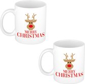 2x stuks cadeau kerstmok wit Merry Christmas rendier - 300 ml - keramiek - mok / beker - Kerstmis - kerstcadeau