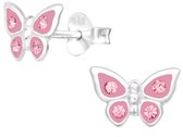 Joy|S - Zilveren vlinder oorbellen - 9 x 6 mm - zilver roze met roze kristal