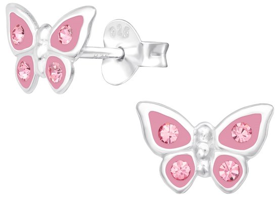 Joy|S - Zilveren vlinder oorbellen - 9 x 6 mm - zilver roze met roze kristal