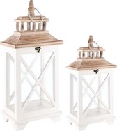 Set van 2 lantaarns / windlicht / kandelaar - Wit / bruin - hout / metaal - 26 x 21 x 75 cm hoog (grootste lantaarn).