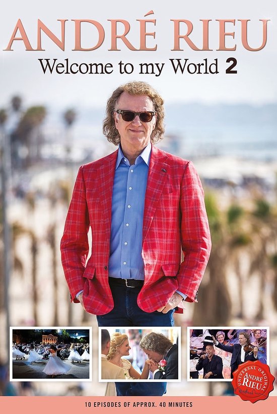 André Rieu met een rood geruite blazer en zonnebril, staand op strand. Kleine beelden tonen een dans, een bruiloft en een orkest.