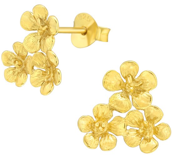 Joy|S - Zilveren bloem oorbellen - 12 mm - 3 bloemen oorknoppen - 14k goudplating