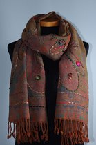 Wollen geborduurde sjaal en omslagdoek Brons-Oranje 72 x 185 cm