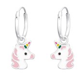 Joy|S - Zilveren eenhoorn bedel oorbellen - roze wit met gekleurde hoorn - unicorn oorringen