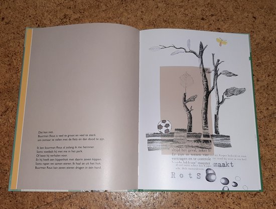 Een illustratie in een kinderboek met bomen, een voetbal en een vlinder.