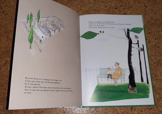 Een illustratie van een begraafplaats en een bankje met een opa en kind.