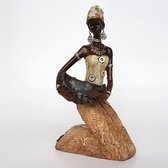 Afrikaanse vrouw zittend met mand / schaal - Bruin / zwart / beige - 15 x 11 x 25 cm hoog