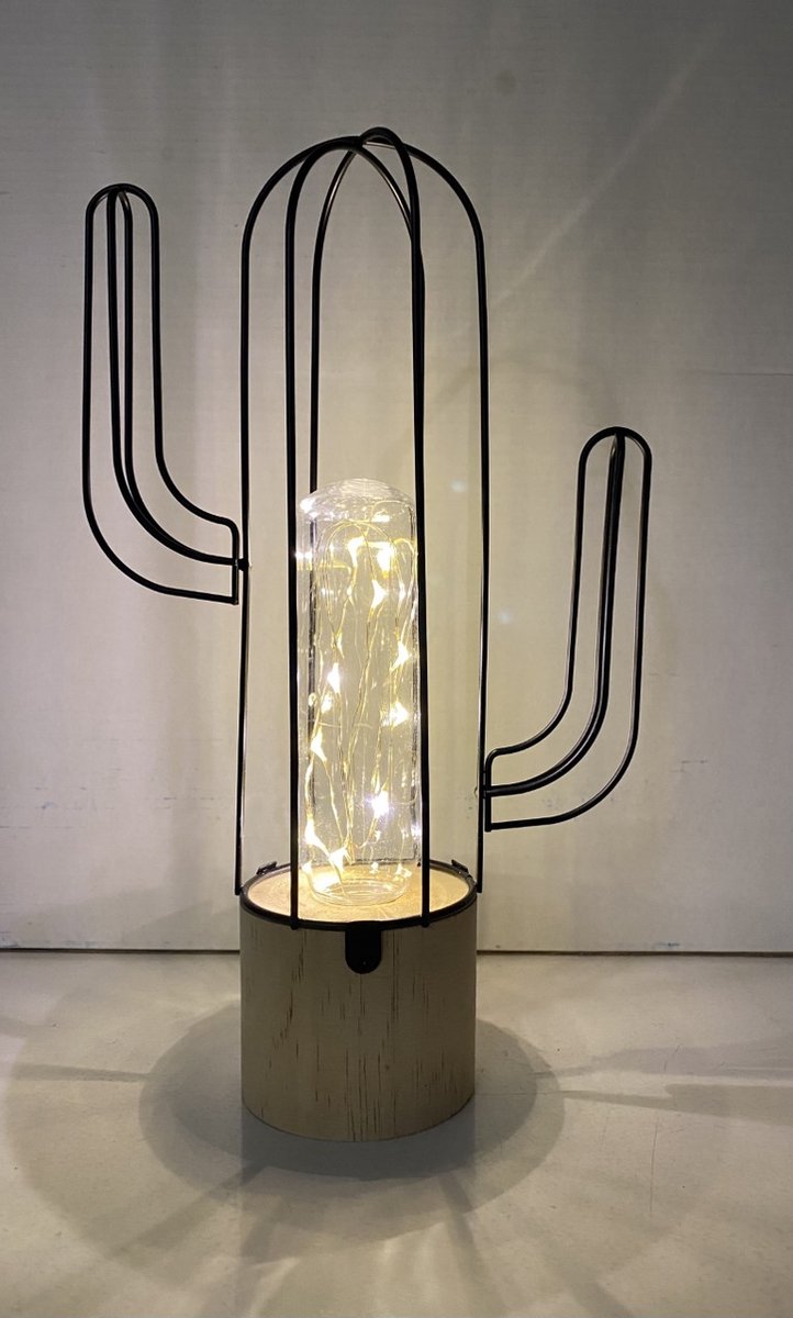 Impuls - Cactus lamp van metaaldraad met LED - zwart - 17x7x29 cm