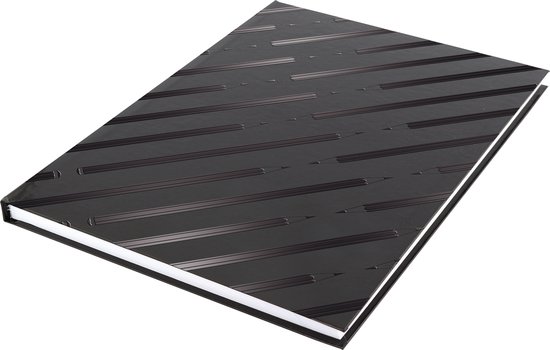 Zwart notitieboek met een patroon van gestileerde potloden.