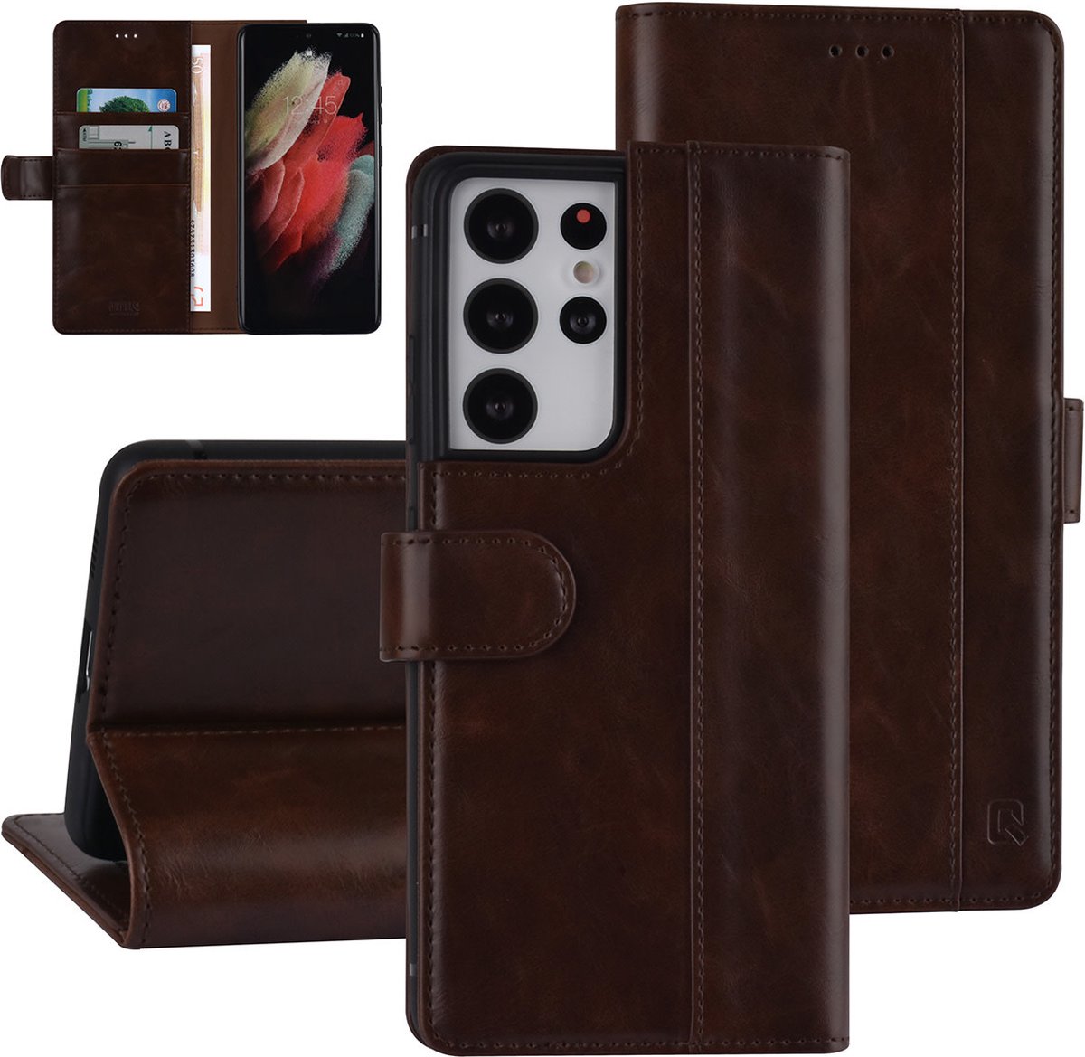UNIQ Accessory Galaxy S21 Ultra Book Case hoesje - DonkerBruin - Pasjeshouder 3 pasjes - PU Leather