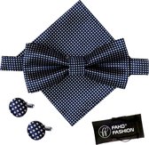 Fako Fashion® - Vlinderstrik, Pochette & Manchetknopen Blok - Vlinderdas - Strikje - Pochet - Geblokt - Navy Blauw