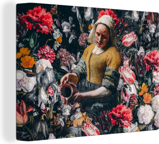 Canvas Schilderij Vermeer - Melkmeisje - Bloemen - 40x30 cm - Wanddecoratie