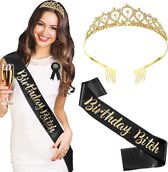 TDR - Verjaardag Sjerp en Tiara - Met text "Birthday Bitch" zwarte feestsjerp met golden tiara