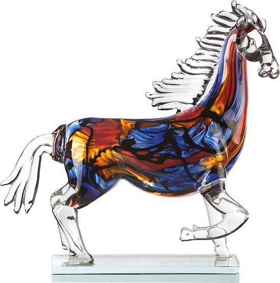 Glas sculptuur Paard - handgemaakt - met glazen plateau - 8x37x28