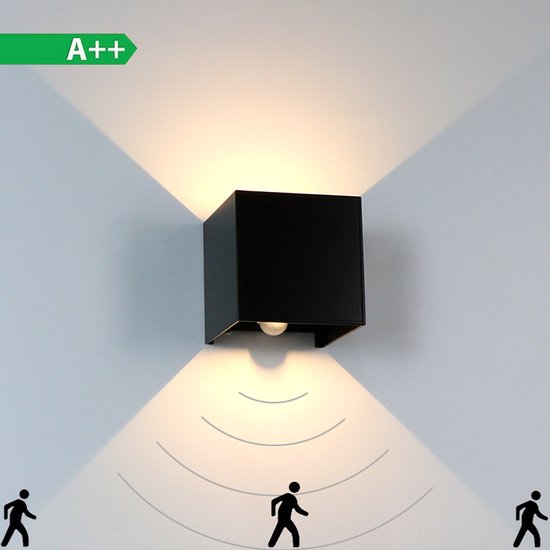Wandlamp met bewegingssensor - Voor binnen en buiten - 10x10x10cm - Waterdicht - Zwart - LED - Industrieel