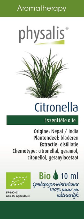 Flesje Physalis Citronella essentiële olie, 10ml. Groene verpakking met grasafbeelding.
