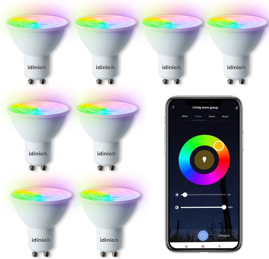 Ampoules LED IDINIO Smart GU10 avec App - Couleur + White - Dimmable - 8 x Smart Spot GU10