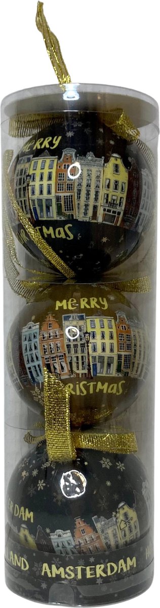 Set Kerstballen Amsterdam: Zwart en Bruin (3 stuks) - Amsterdamse Grachten + Merry Christmas - Plastic