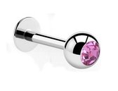 Titanium 12 mm Labret piercing 1,2 met 3mm bal met een roze steentje. RH-Jewelry