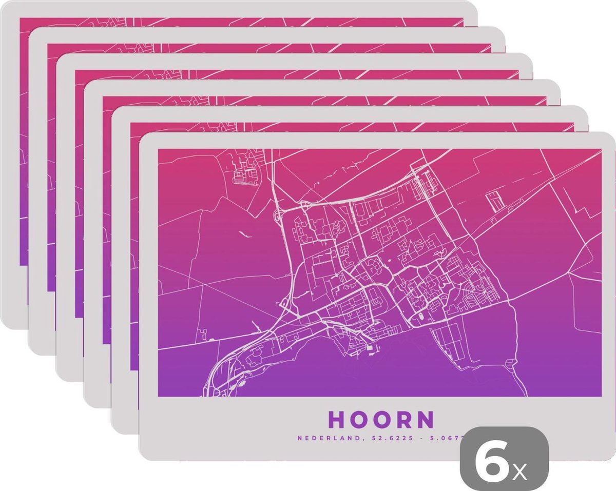 Placemat - Placemats kunststof - Stadskaart - Hoorn - Paars - Nederland - 45x30 cm - 6 stuks - Hittebestendig - Anti-Slip - Onderlegger - Afneembaar