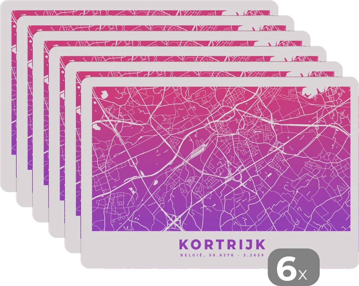 Placemat - Placemats kunststof - Stadskaart - Kortrijk - België - Paars - 45x30 cm - 6 stuks - Hittebestendig - Anti-Slip - Onderlegger - Afneembaar