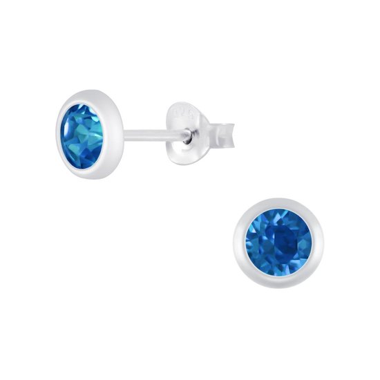 Joy|S - Zilveren ronde oorbellen - 5.5 mm - kristal blauw - zilver rand