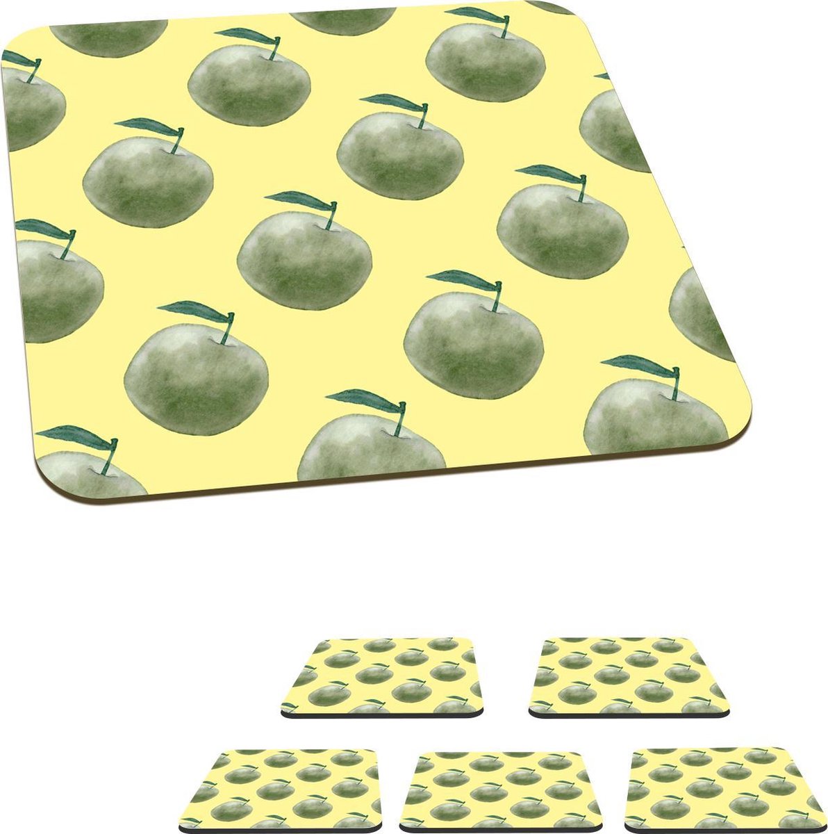 Onderzetters voor glazen - Appels - Fruit - Groen - 10x10 cm - Glasonderzetters - 6 stuks