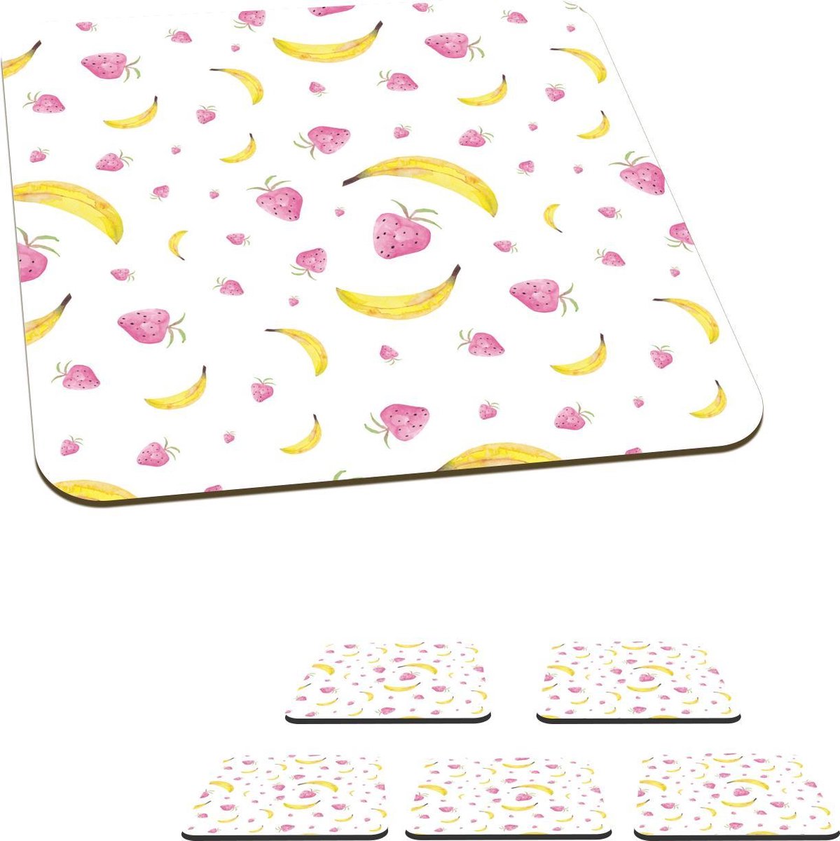 Onderzetters voor glazen - Banaan - Aardbei - Wit - Design - 10x10 cm - Glasonderzetters - 6 stuks