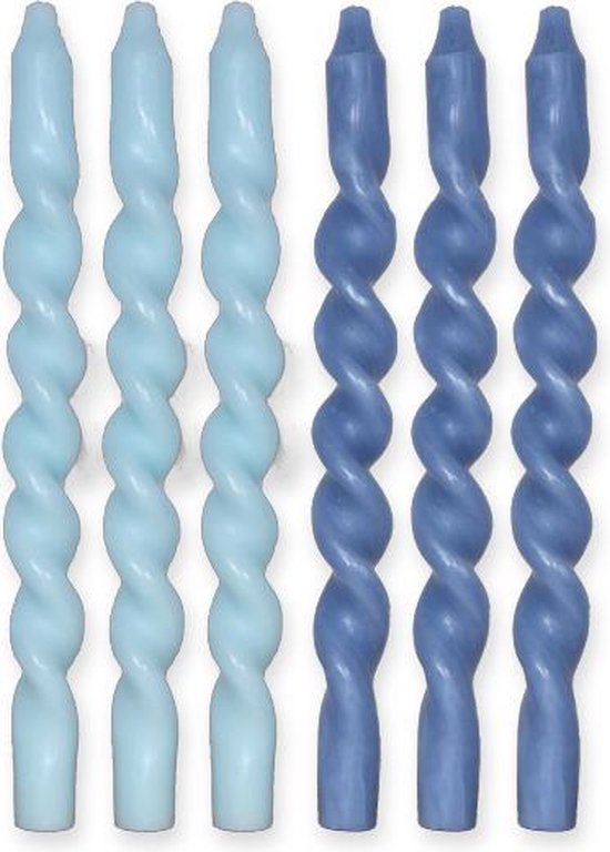Twisted candle - Set van 6 kaarsen - Gedraaide kaarsen - 29 cm - Swirl kaarsen - Dinerkaarsen - Twisted candles - Twisted kaarsen - Gekleurde kaarsen - Draai kaarsen - Dinerkaarsen gedraaid - Helderblauw - Lichtblauw