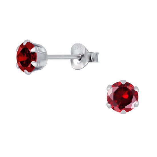 Joy|S - Zilveren ronde oorbellen - 5 mm - zirkonia rood