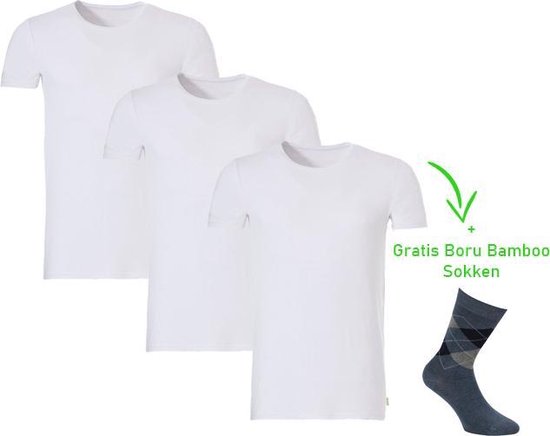 Bamboo T-Shirt - Ronde Hals - Super zacht - Antibacterieel - Perfect draagcomfort - 95% Bamboo - 3 stuks - 1 paar bamboo sokken cadeau - Wit - S