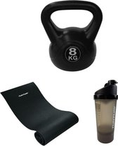 Tunturi - Fitness Set - Kettlebell 8 kg - Fitnessmat 160 x 60 x 0,7 cm - Shakebeker