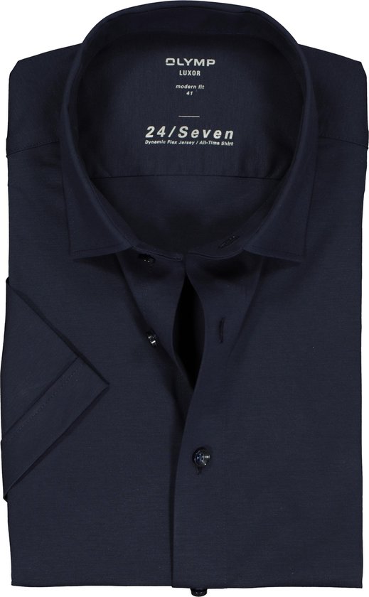 OLYMP Luxor 24/Seven modern fit overhemd - korte mouw - marine blauw tricot - Strijkvriendelijk - Boordmaat: