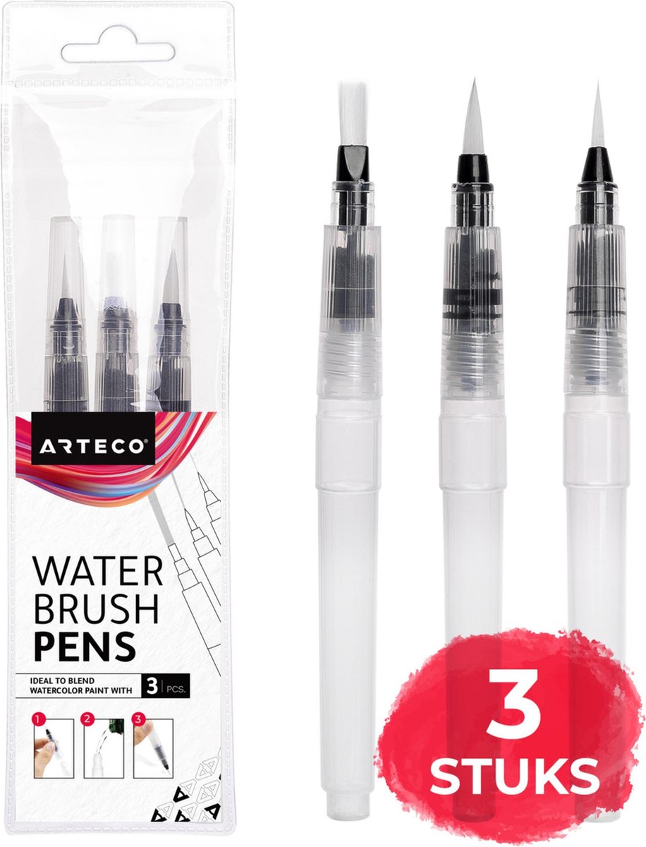 ARTECO® Set 3 Stuks Waterbrush Pennen (2 Punt + 1 Plat) – Navulbaar Penseel – Brushlettering & Kalligrafie