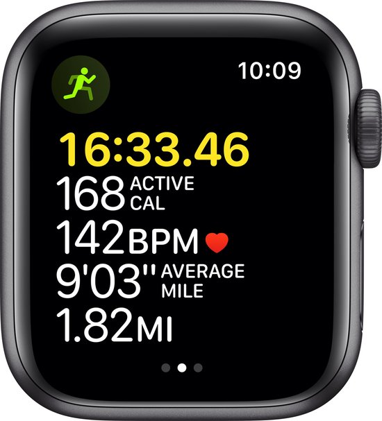 Apple Watch SE toont een hardloop-app met duur 16:33:46, 168 kcal, 142 BPM en 1.82 mijl.