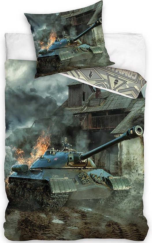 DREAMEE Dekbedovertrek Tank Landmacht - Eenpersoons - 140x200 cm - Groen