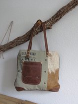 hand/schoudertas van canvas en leer (vacht)