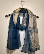 Lange dames sjaal Greta geblokt motief blauw grijs