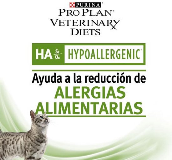 Informatie over HA Hypoallergenic kattenvoer dat helpt bij het verminderen van voedselallergieën, met een gestreepte kat.