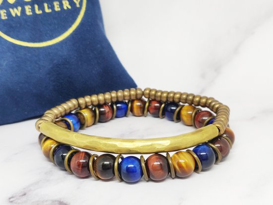 Mei's Tibetan Tiger - Tibetaanse armband dames / set armbanden - Edelsteen / Tijgeroog / Koper - polsmaat 17 ,5 cm - bruin / blauw / goud