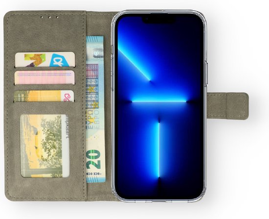 Apple iPhone 13 Mini Case Grijs & 1 Pièce Full Glass Screen Protector - Wallet Book Case - Card Holder & Magnetic Tab