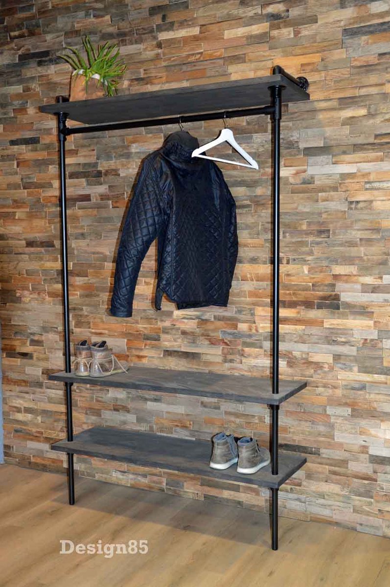 Industriële Wandkapstok – Steigerbuis Kapstok van Hout & Zwart Staal – Design85
