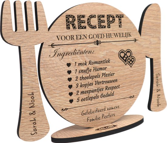 Recept huwelijk gepersonaliseerde houten wenskaart kaart van hout trouwkaart luxe uitvoering met eigen namen