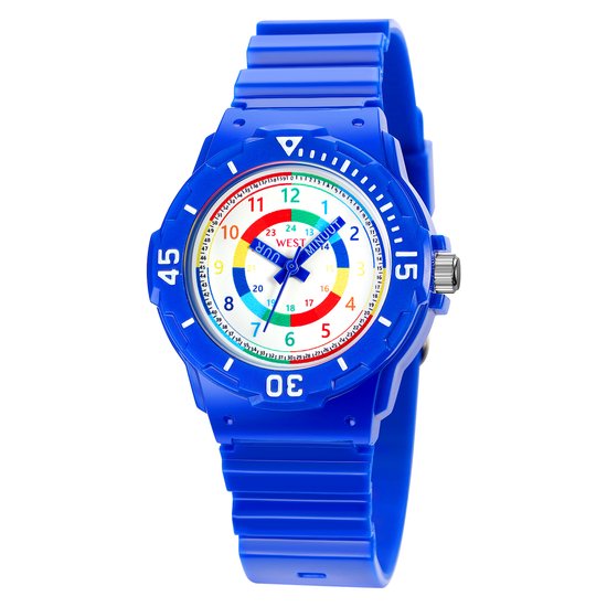 Blauw kinderhorloge met kleurrijke wijzerplaat, cijfers 1-12 en 24-uurs aanduiding.
