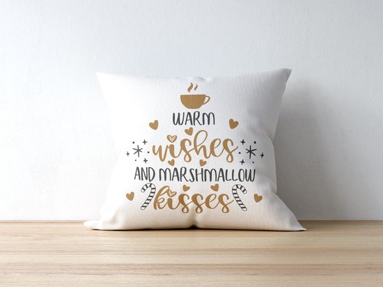Sierkussen - Kerst Kussen Met Tekst: Warm Wishes And Marshmallow Kisses | Kerst Decoratie | Kerst Versiering | Grappige Cadeaus | Geschenk | Sierkussen