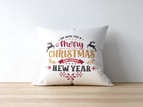 Sierkussen - Kerst Kussen Met Tekst: We Wish You A Merry Christmas And Happy New Year | Kerst Decoratie | Kerst Versiering | Grappige Cadeaus | Geschenk | Sierkussen