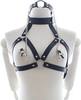 Nooitmeersaai - Leren BDSM-harnas met halsband en tepelklemmen